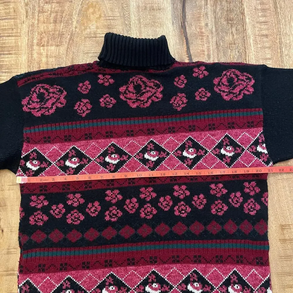 Vintage Cottagecore Turtleneck‎ Sweater Small Rose Floral Tunic Chunky Knit USA